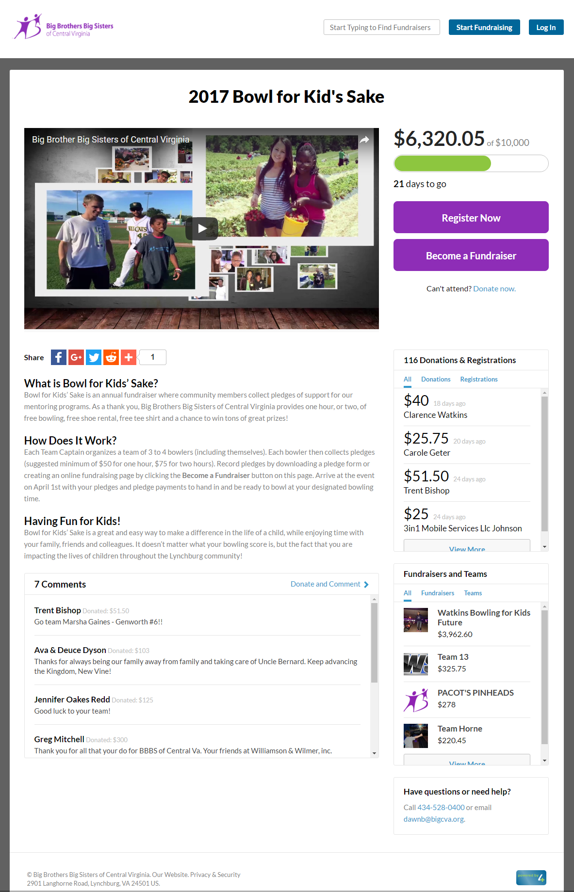 Example landing page from Big Brothers Big Sisters of Central Virginia