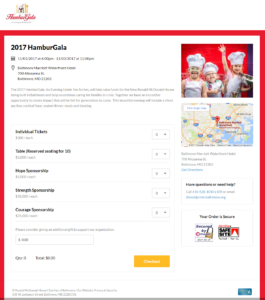 Example event registration page from Ronald McDonald House Charities of Baltimore