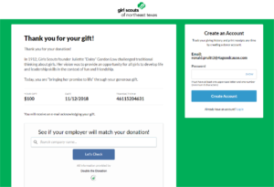 Sample thank you page with account creation