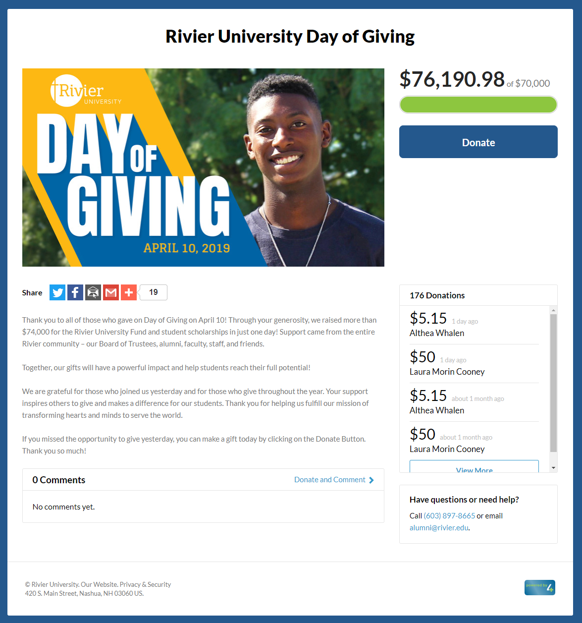 Rivier University Day of Giving crowdfunding page