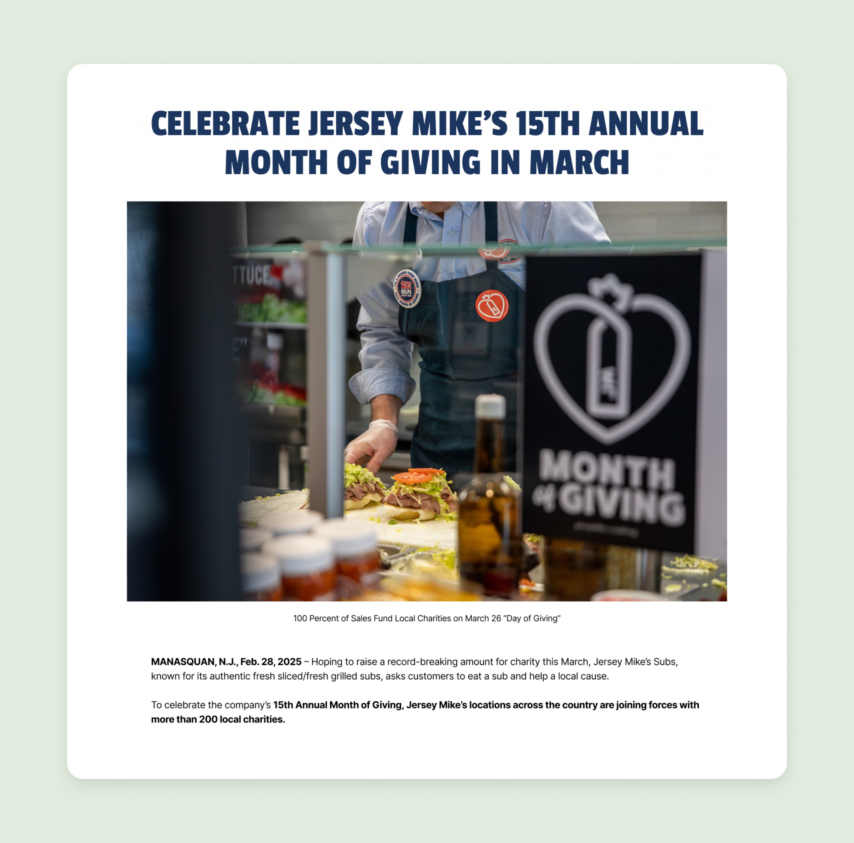  Jersey Mike’s Subs Month of Giving