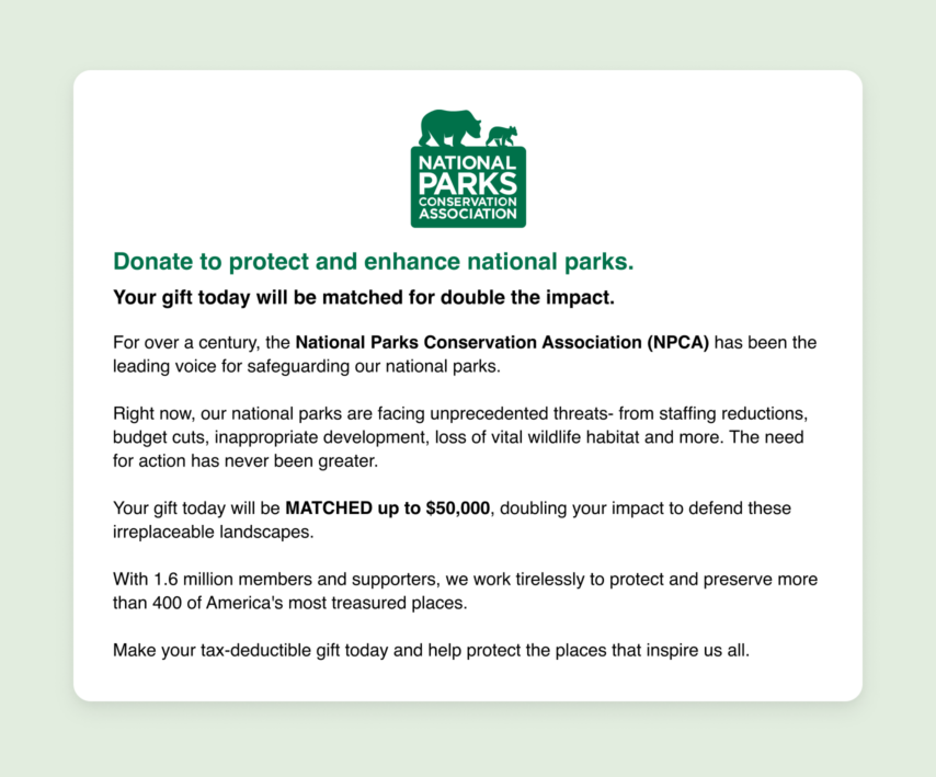 National Parks Conservation Association (NPCA): Matching gift challenge
