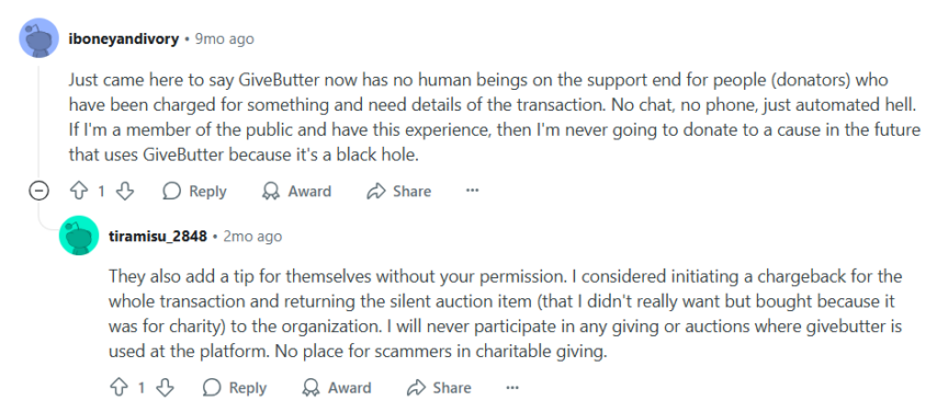Source: Reddit post (https://www.reddit.com/r/Crowdfunding/comments/12t9x1m/givebutter_experience/ )