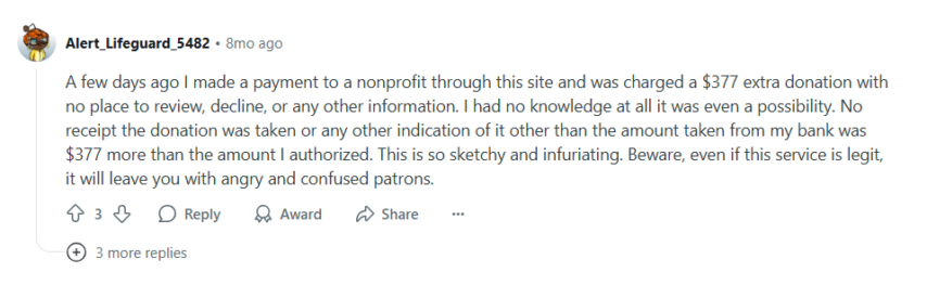 Source: Reddit post (https://www.reddit.com/r/Charity/comments/158o4ww/is_zeffy_legit_charity_payment_processor_they/)