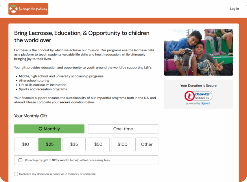 Lacrosse the Nation's branded primary donation form page via 4aGoodCause.