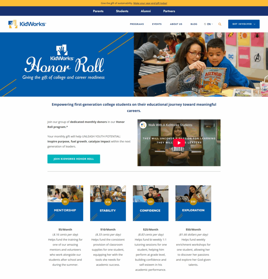 KidWorks montlhy giving program